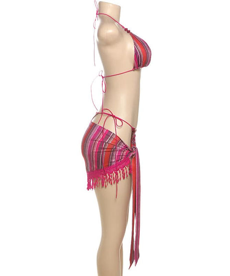 Escape The Cold: Chic Magenta Stripe 3-Piece Halter Bikini & Tassel Sarong Set