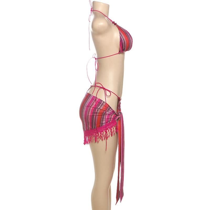 Escape The Cold: Chic Magenta Stripe 3-Piece Halter Bikini & Tassel Sarong Set