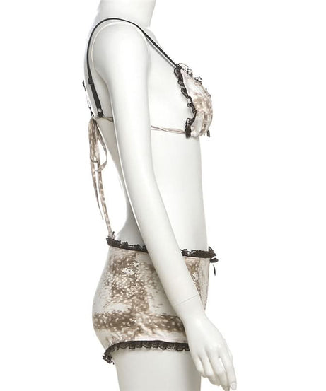 Chic Fawn Print Lace Lounge Set: Bralette & Boy Shorts for Fall Comfort