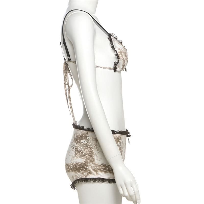 Chic Fawn Print Lace Lounge Set: Bralette & Boy Shorts for Fall Comfort