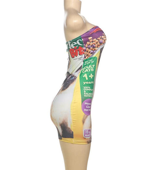 Purrfect 60 Three-Eyed Cat Food Bag Tube Mini Dress | Quirky Halloween & Fall Statement