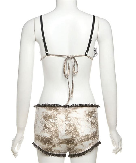 Chic Fawn Print Lace Lounge Set: Bralette & Boy Shorts for Fall Comfort