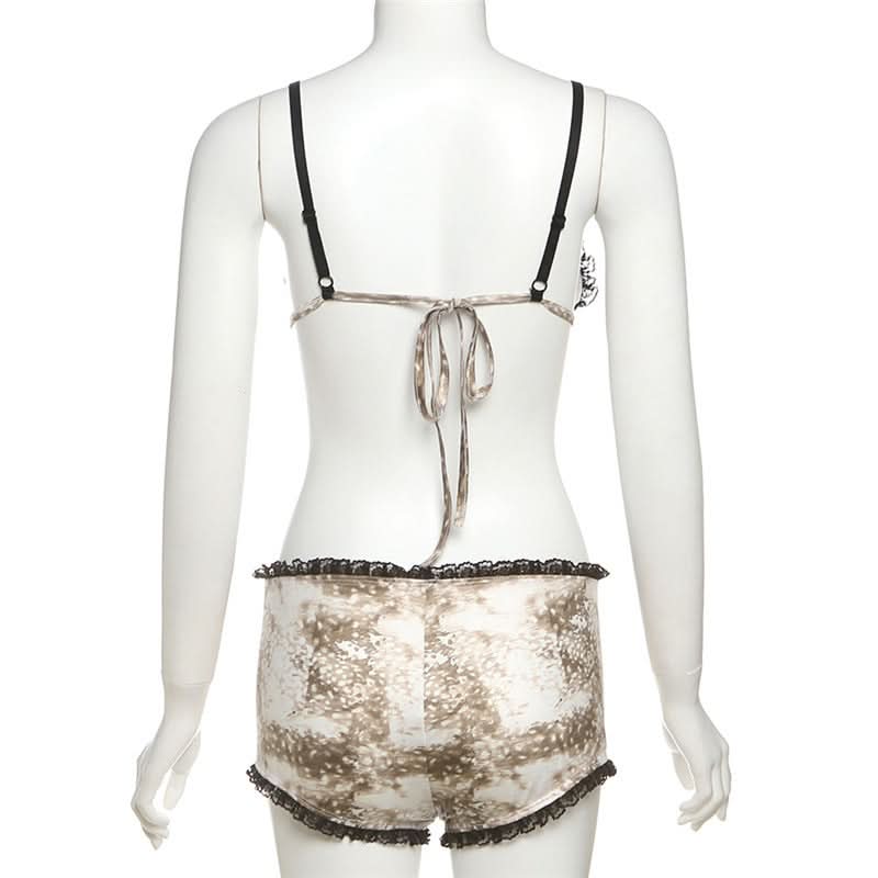 Chic Fawn Print Lace Lounge Set: Bralette & Boy Shorts for Fall Comfort