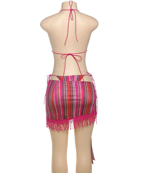 Escape The Cold: Chic Magenta Stripe 3-Piece Halter Bikini & Tassel Sarong Set