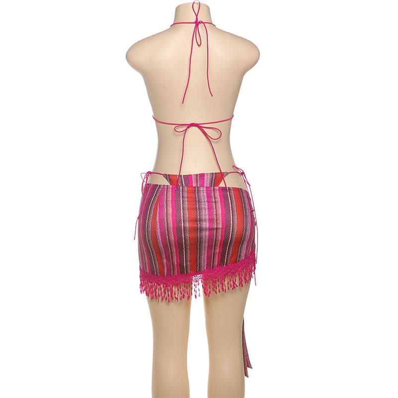 Escape The Cold: Chic Magenta Stripe 3-Piece Halter Bikini & Tassel Sarong Set