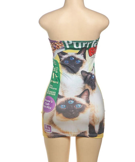 Purrfect 60 Three-Eyed Cat Food Bag Tube Mini Dress | Quirky Halloween & Fall Statement