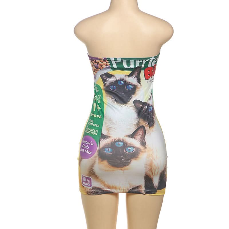 Purrfect 60 Three-Eyed Cat Food Bag Tube Mini Dress | Quirky Halloween & Fall Statement
