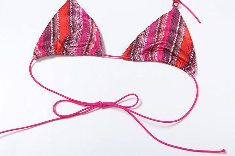 Escape The Cold: Chic Magenta Stripe 3-Piece Halter Bikini & Tassel Sarong Set