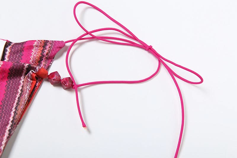 Escape The Cold: Chic Magenta Stripe 3-Piece Halter Bikini & Tassel Sarong Set