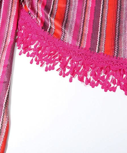 Escape The Cold: Chic Magenta Stripe 3-Piece Halter Bikini & Tassel Sarong Set