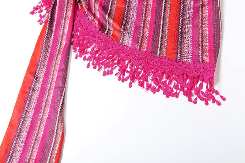 Escape The Cold: Chic Magenta Stripe 3-Piece Halter Bikini & Tassel Sarong Set