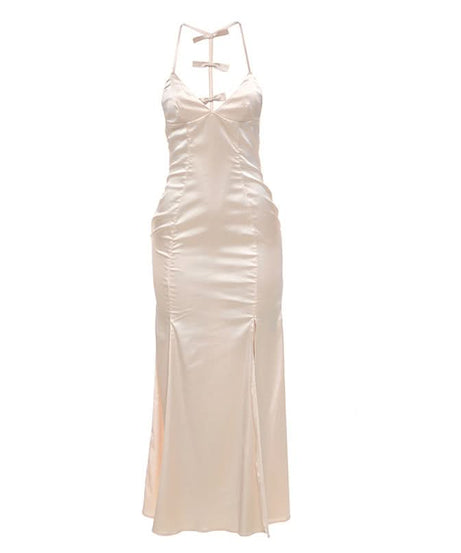 Effortless Elegance: The Champagne Satin Bow-Back Maxi Dress with Slit - Perfect for Fall Celebrations & Holiday Galas