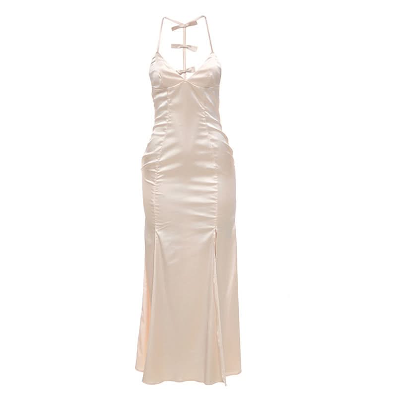 Effortless Elegance: The Champagne Satin Bow-Back Maxi Dress with Slit - Perfect for Fall Celebrations & Holiday Galas