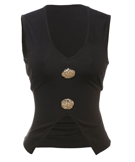 Chic Black V-Neck Sleeveless Top with Gilded Button Accents & Split Hem - Fall Style Essential