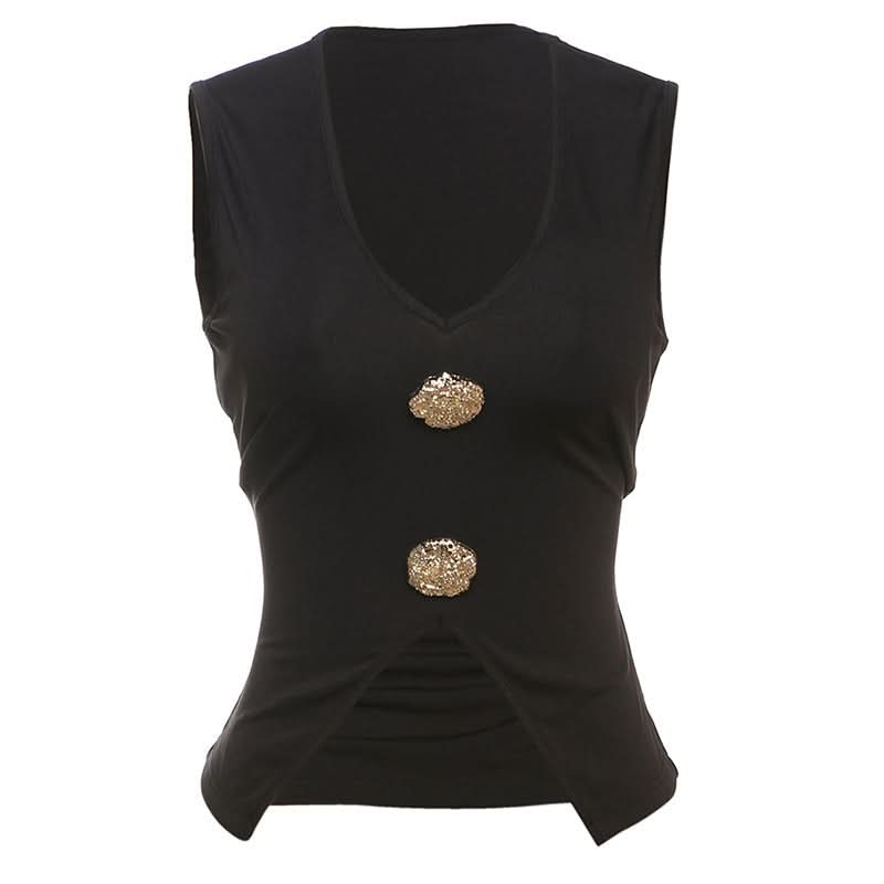 Chic Black V-Neck Sleeveless Top with Gilded Button Accents & Split Hem - Fall Style Essential