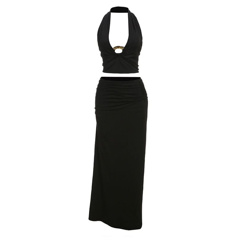 Chic Black Halter O-Ring Crop Top & Ruched Maxi Skirt Set - Fall Evening & Holiday Ready