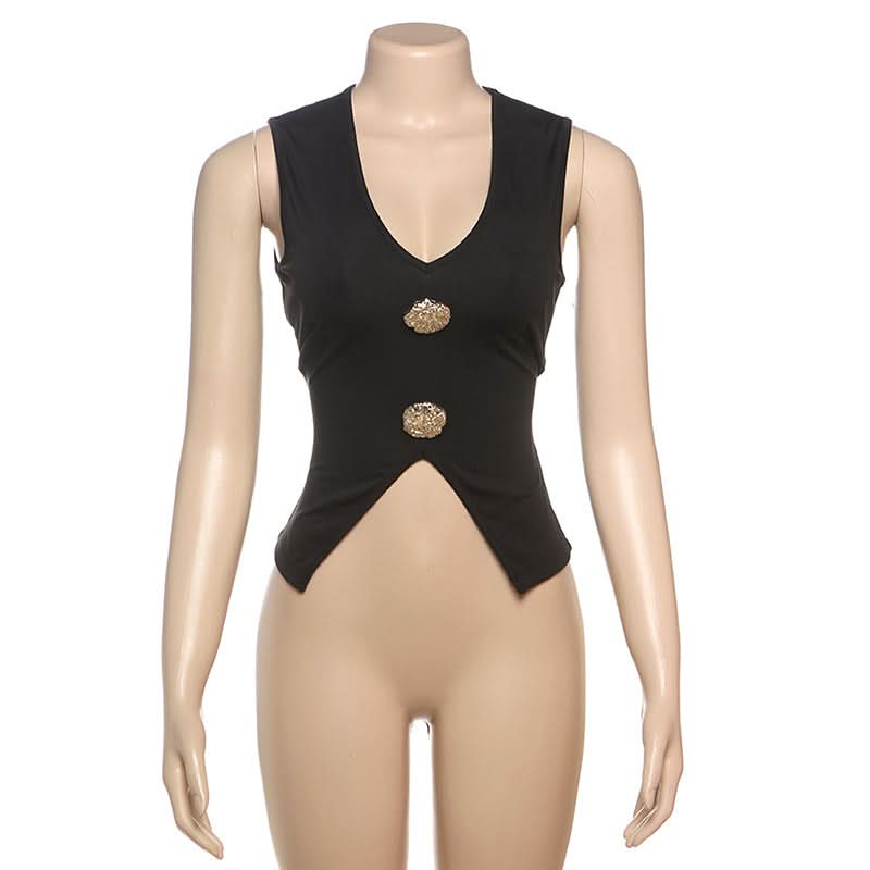 Chic Black V-Neck Sleeveless Top with Gilded Button Accents & Split Hem - Fall Style Essential
