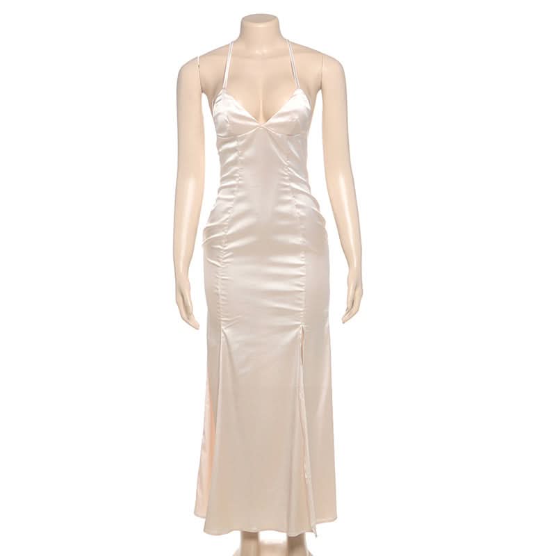 Effortless Elegance: The Champagne Satin Bow-Back Maxi Dress with Slit - Perfect for Fall Celebrations & Holiday Galas