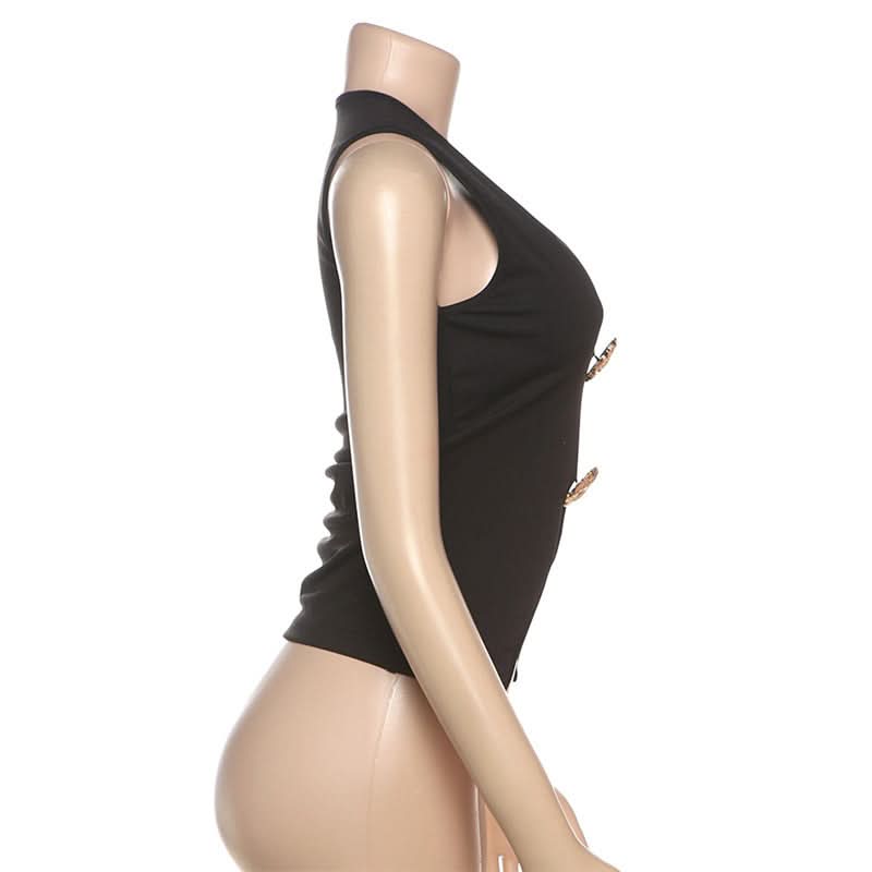 Chic Black V-Neck Sleeveless Top with Gilded Button Accents & Split Hem - Fall Style Essential