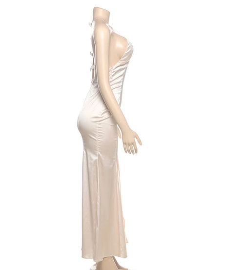 Effortless Elegance: The Champagne Satin Bow-Back Maxi Dress with Slit - Perfect for Fall Celebrations & Holiday Galas
