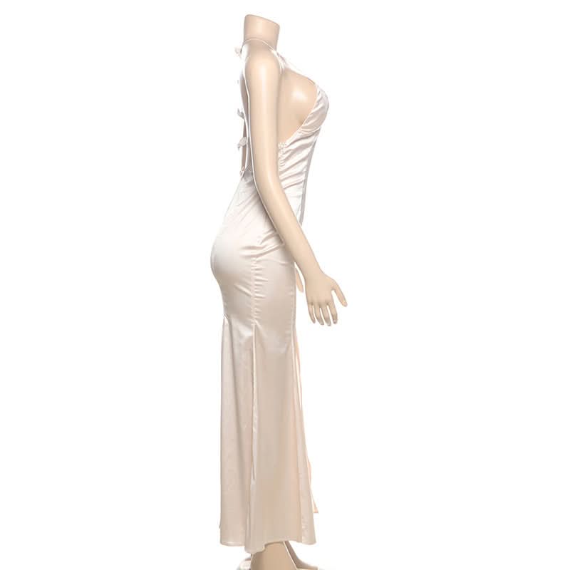 Effortless Elegance: The Champagne Satin Bow-Back Maxi Dress with Slit - Perfect for Fall Celebrations & Holiday Galas