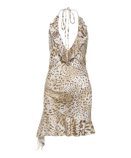 Sultry Leopard Halter Mini Dress - Ruffled V-Neck for Fierce Fall Nights Out