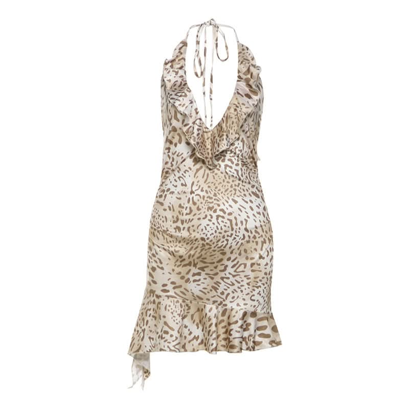 Sultry Leopard Halter Mini Dress - Ruffled V-Neck for Fierce Fall Nights Out