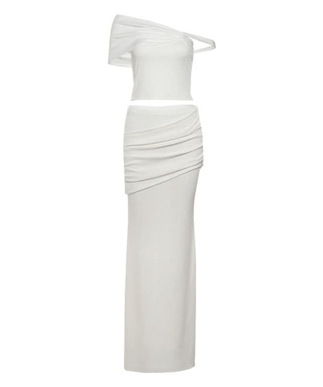 Effortless Fall Elegance: Ivory Ribbed One-Shoulder Maxi Skirt Set for Holiday Glam