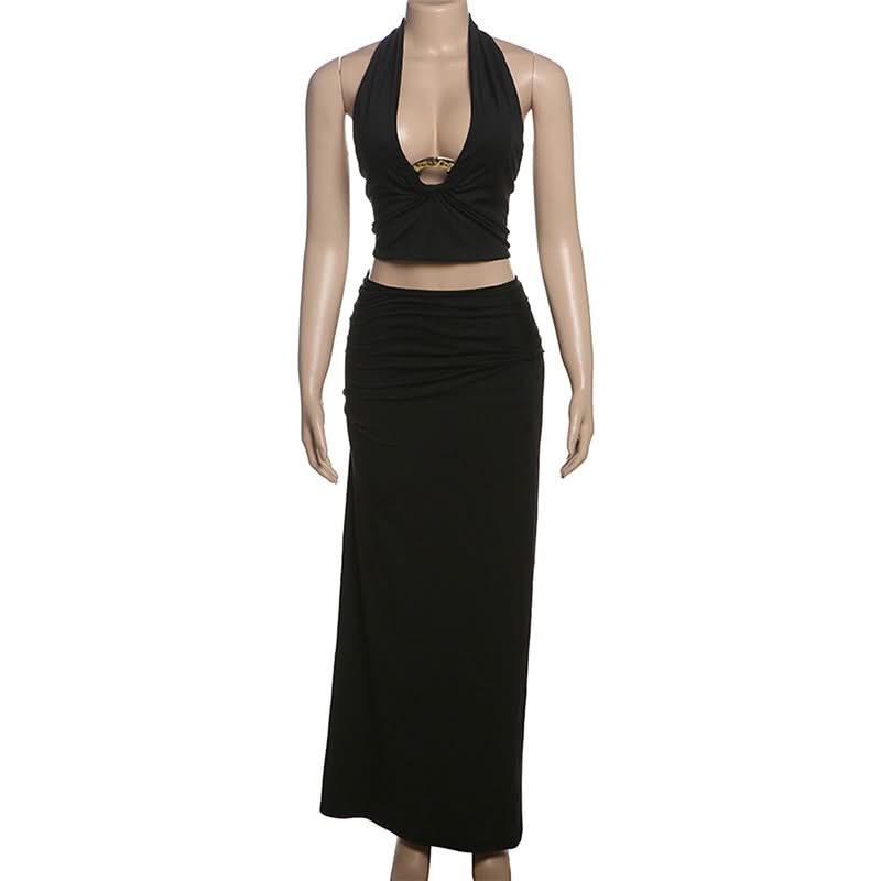 Chic Black Halter O-Ring Crop Top & Ruched Maxi Skirt Set - Fall Evening & Holiday Ready