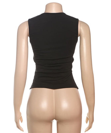 Chic Black V-Neck Sleeveless Top with Gilded Button Accents & Split Hem - Fall Style Essential