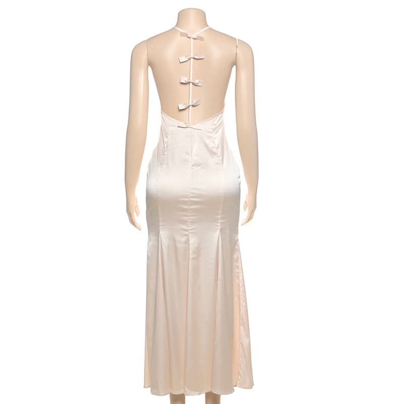 Effortless Elegance: The Champagne Satin Bow-Back Maxi Dress with Slit - Perfect for Fall Celebrations & Holiday Galas