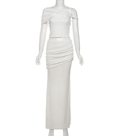 Effortless Fall Elegance: Ivory Ribbed One-Shoulder Maxi Skirt Set for Holiday Glam