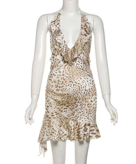 Sultry Leopard Halter Mini Dress - Ruffled V-Neck for Fierce Fall Nights Out