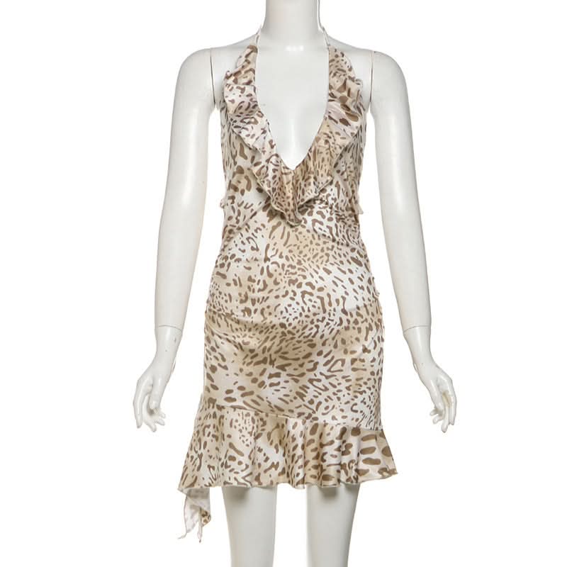 Sultry Leopard Halter Mini Dress - Ruffled V-Neck for Fierce Fall Nights Out