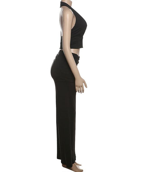 Chic Black Halter O-Ring Crop Top & Ruched Maxi Skirt Set - Fall Evening & Holiday Ready