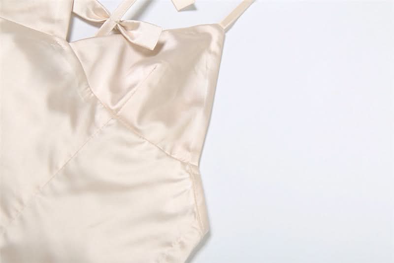 Effortless Elegance: The Champagne Satin Bow-Back Maxi Dress with Slit - Perfect for Fall Celebrations & Holiday Galas