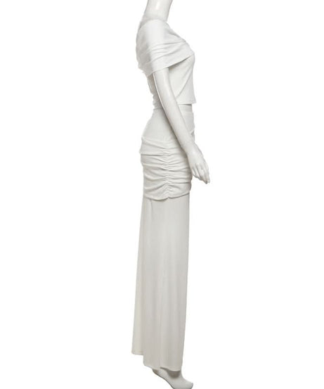 Effortless Fall Elegance: Ivory Ribbed One-Shoulder Maxi Skirt Set for Holiday Glam