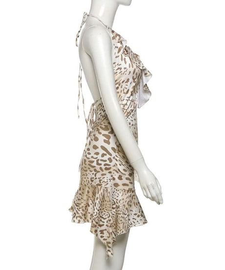 Sultry Leopard Halter Mini Dress - Ruffled V-Neck for Fierce Fall Nights Out