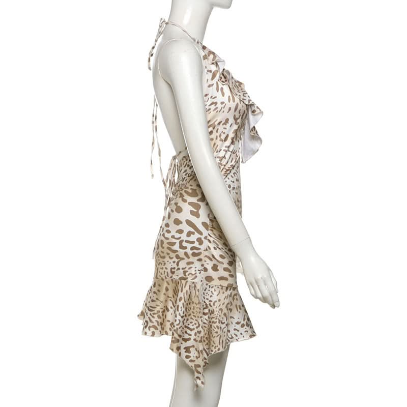 Sultry Leopard Halter Mini Dress - Ruffled V-Neck for Fierce Fall Nights Out