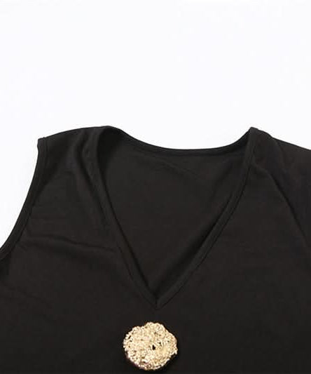 Chic Black V-Neck Sleeveless Top with Gilded Button Accents & Split Hem - Fall Style Essential
