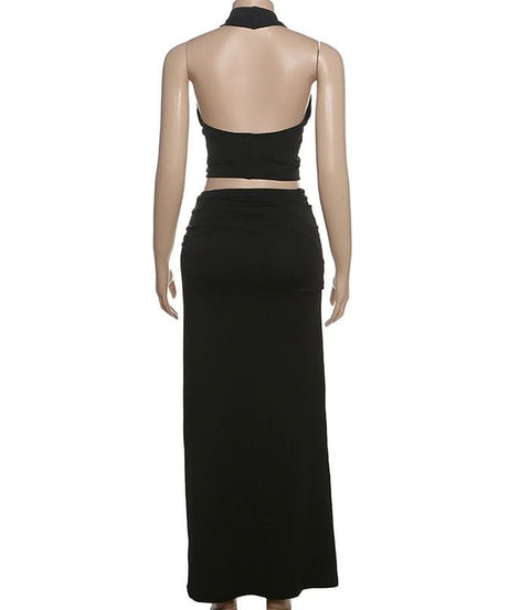 Chic Black Halter O-Ring Crop Top & Ruched Maxi Skirt Set - Fall Evening & Holiday Ready