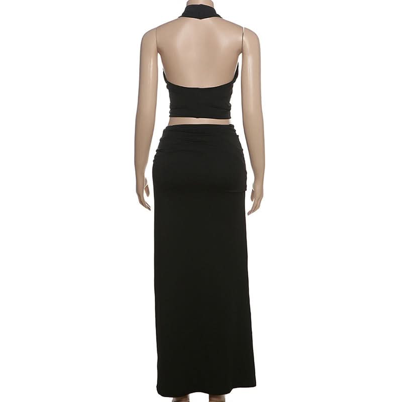 Chic Black Halter O-Ring Crop Top & Ruched Maxi Skirt Set - Fall Evening & Holiday Ready