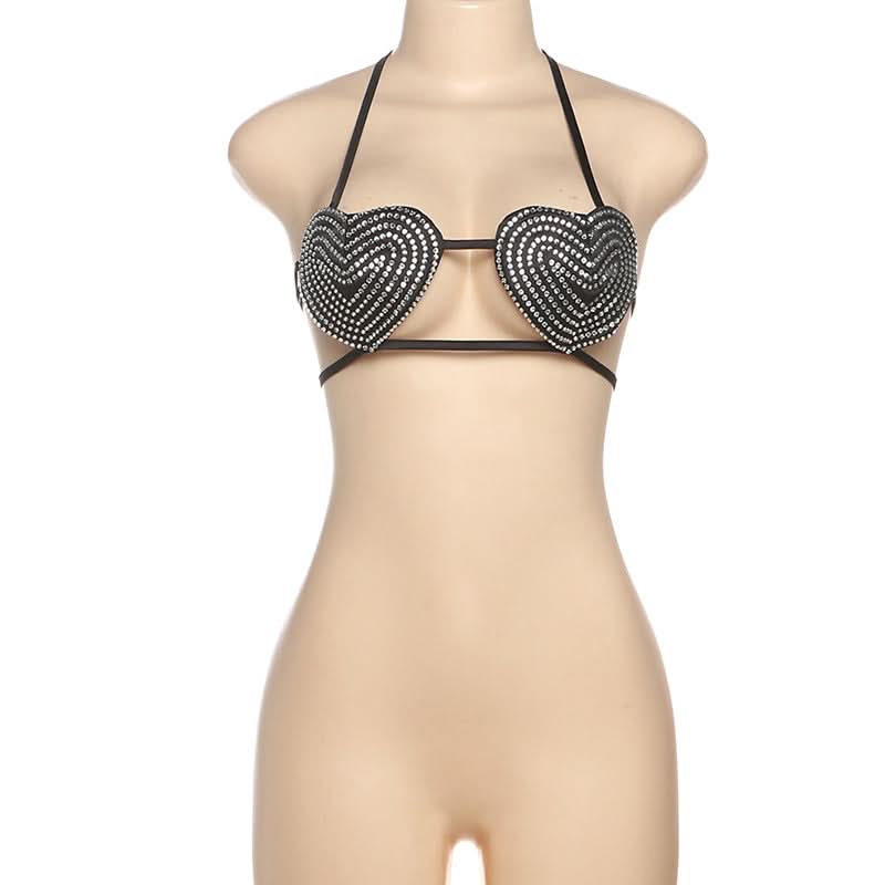 Glamorous Rhinestone Heart Halter Crop Top – Sparkle & Shine This Halloween & Holiday Season!