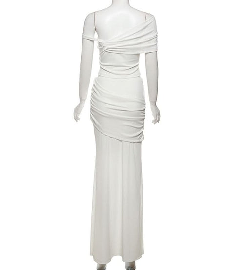 Effortless Fall Elegance: Ivory Ribbed One-Shoulder Maxi Skirt Set for Holiday Glam