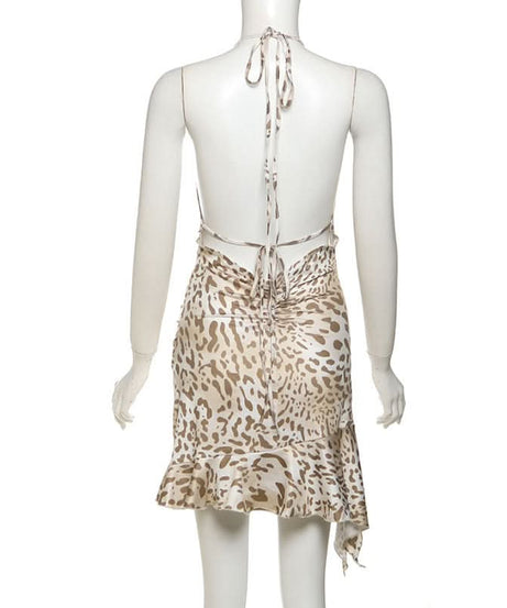 Sultry Leopard Halter Mini Dress - Ruffled V-Neck for Fierce Fall Nights Out