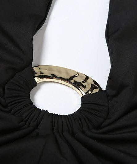 Chic Black Halter O-Ring Crop Top & Ruched Maxi Skirt Set - Fall Evening & Holiday Ready