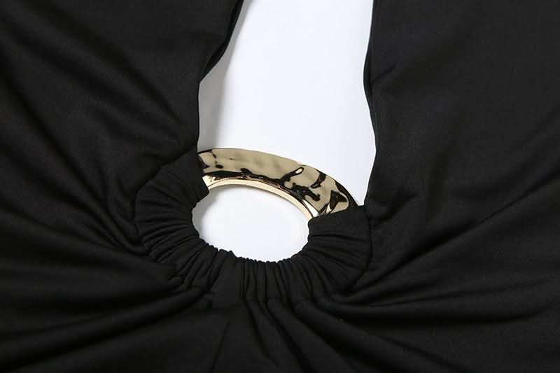 Chic Black Halter O-Ring Crop Top & Ruched Maxi Skirt Set - Fall Evening & Holiday Ready