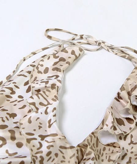 Sultry Leopard Halter Mini Dress - Ruffled V-Neck for Fierce Fall Nights Out