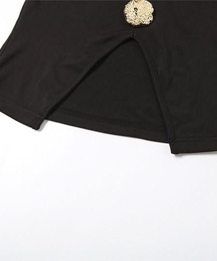 Chic Black V-Neck Sleeveless Top with Gilded Button Accents & Split Hem - Fall Style Essential