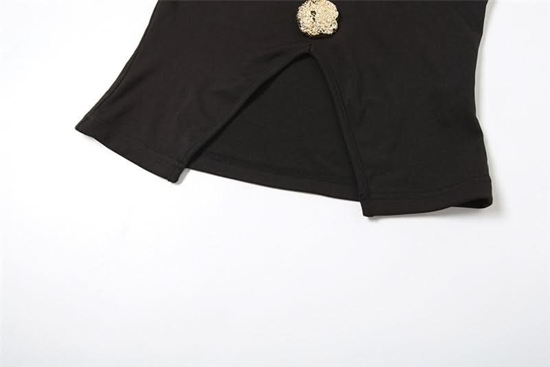 Chic Black V-Neck Sleeveless Top with Gilded Button Accents & Split Hem - Fall Style Essential